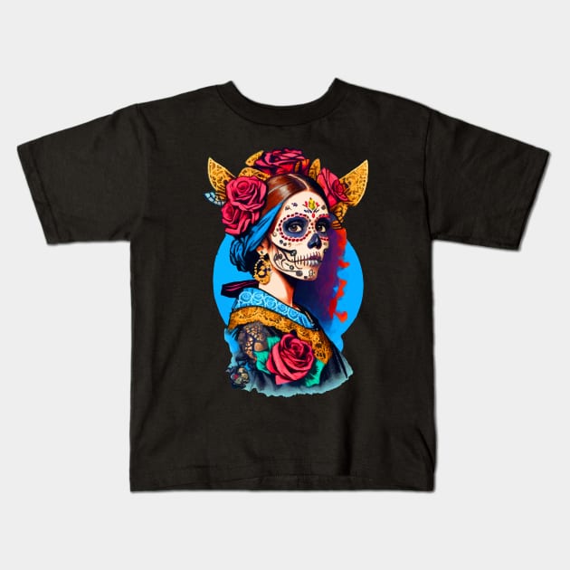 Sugar Skull Halloween. Girl with a Pearl Earring Kids T-Shirt by CatCoconut-Art